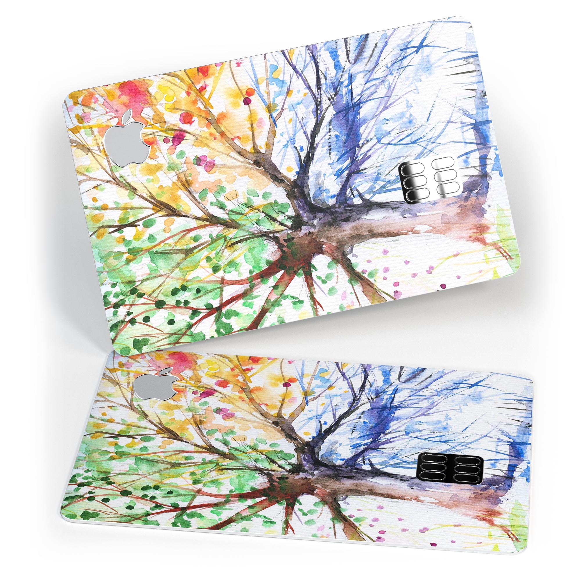 WaterColor Vivid Tree decal skin for Apple Card, showcasing vibrant colors and premium vinyl material.